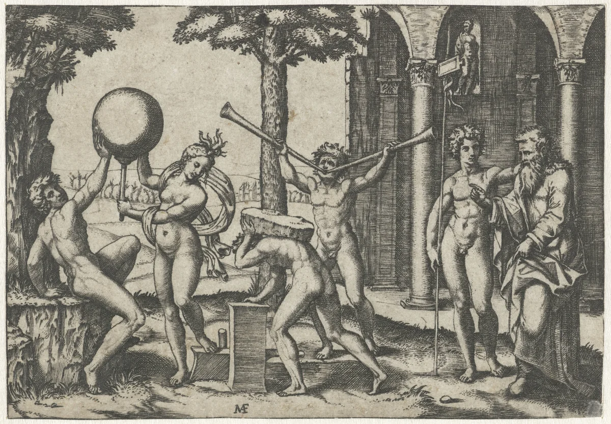 Man met twee trompetten en man met steen op zijn rug geflankeerd door man en vrouw met globe en oude en jonge man by Unknown, print, 1510-1527