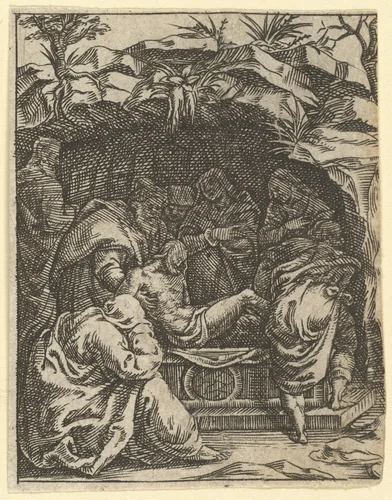 The Virgin of Sorrows: The Entombment; one of nine surrounding compartments from the Virgin of Sorrows, now separated by Giorgio Ghisi, print, 1520-1582