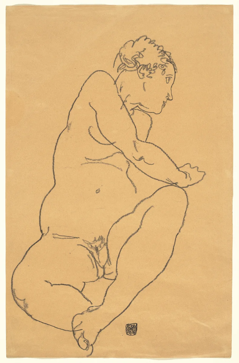 Female Nude Bending to the Left by Egon Schiele, drawing, 1918