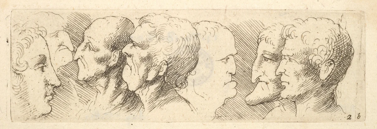 Head studies by Wenceslaus Hollar, print, 1645