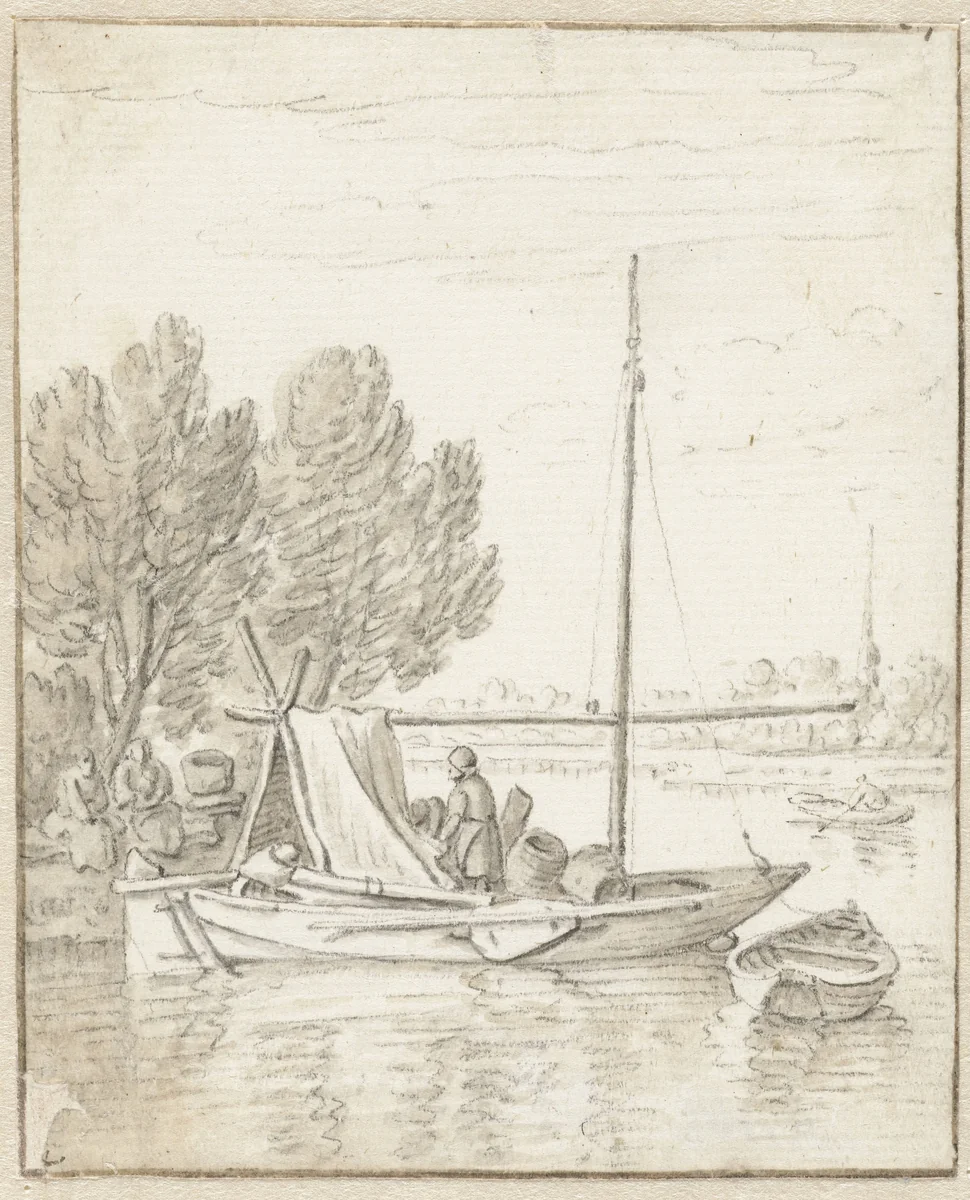 De halfoverdekte schuit by Herman Saftleven, drawing, 1619-1685