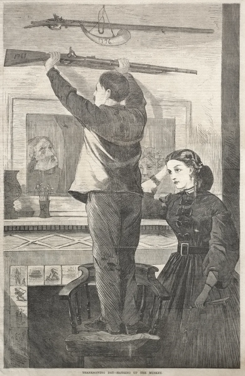 Thanksgiving Day - Hanging up the Musket by Winslow Homer, print, 1865