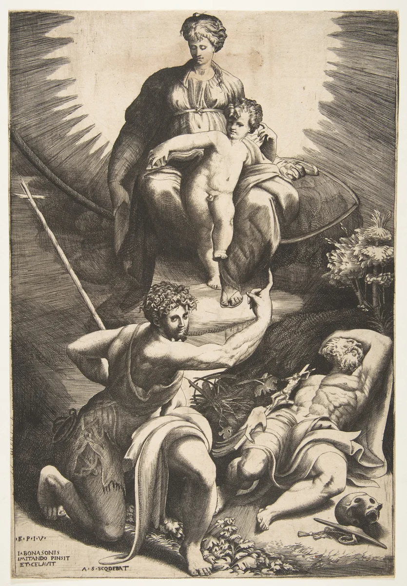 The vision of Saint Jerome who is asleep in the bottom right, the Virgin and Child appear above being pointed to by Saint John the Baptist by Giulio Bonasone, print, 1531-1576