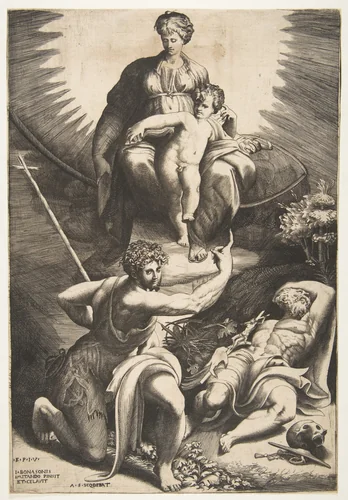 The vision of Saint Jerome who is asleep in the bottom right, the Virgin and Child appear above being pointed to by Saint John the Baptist by Giulio Bonasone, print, 1531-1576