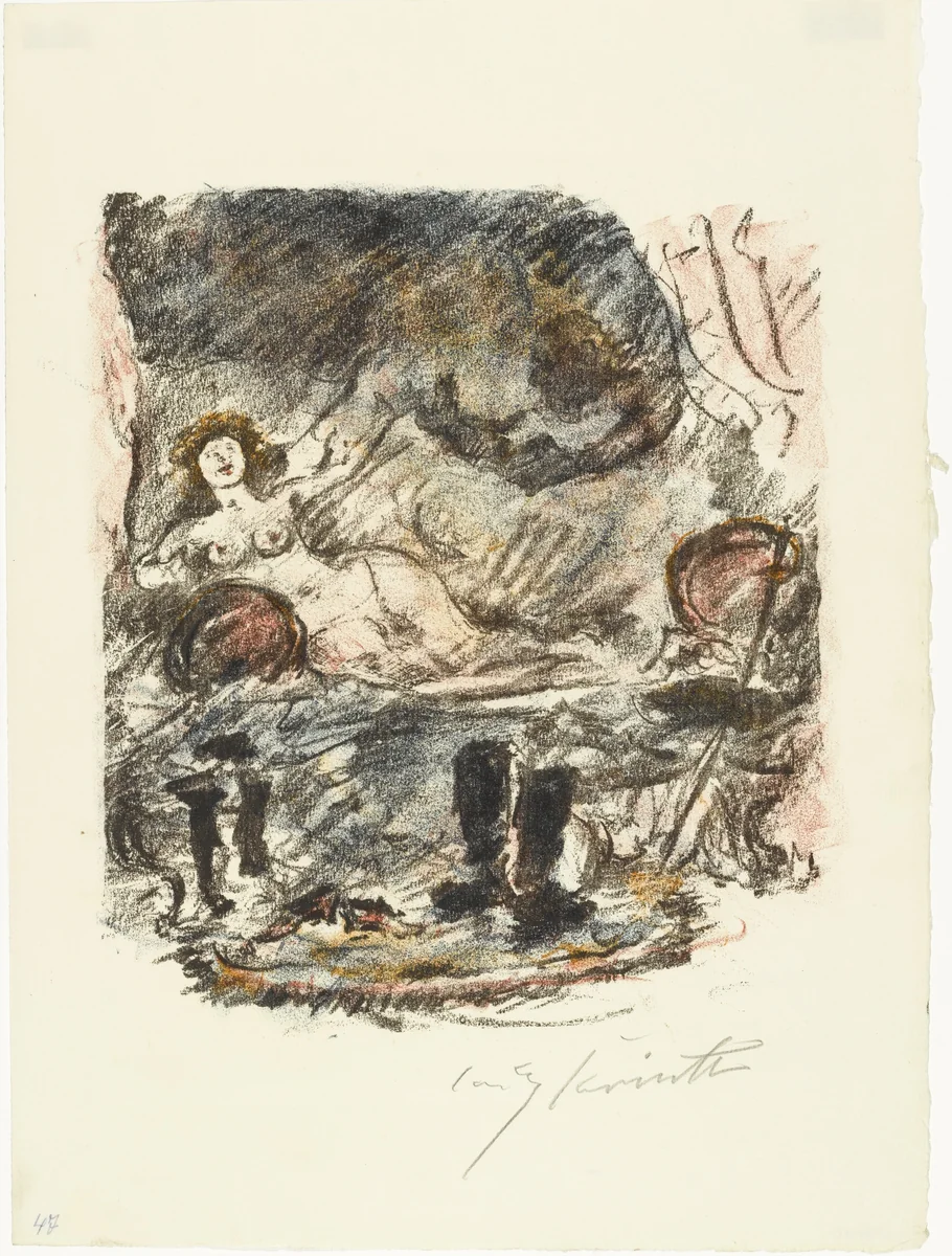 Reunion with Aline, Now a Countess (Wiedervereinigung mit der zur Gräfin emporgestiegenen Aline) from The Queen of Golconda (Die Königin von Golkonde) by Lovis Corinth, print, 1920