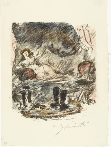 Reunion with Aline, Now a Countess (Wiedervereinigung mit der zur Gräfin emporgestiegenen Aline) from The Queen of Golconda (Die Königin von Golkonde) by Lovis Corinth, print, 1920