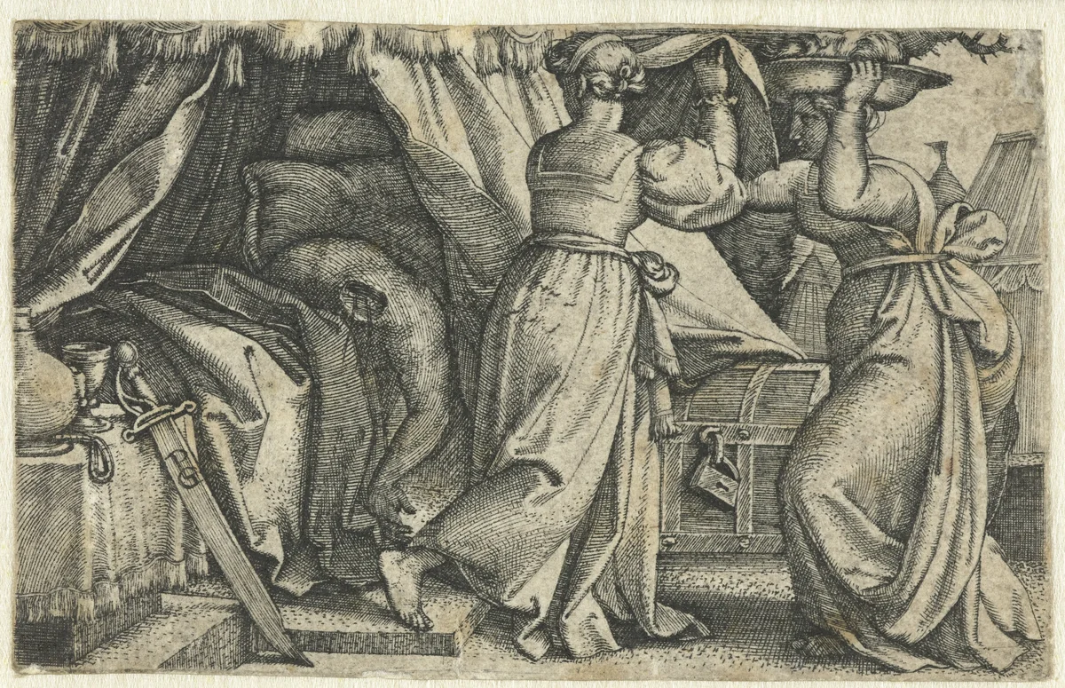 Judith en haar dienstmaagd met onthoofde Holofernes by Unknown, print, 1539-1543