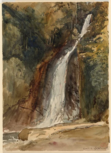 The Waterfall at Lydford Gorge, Devon by Paul Huet, drawing, 1862