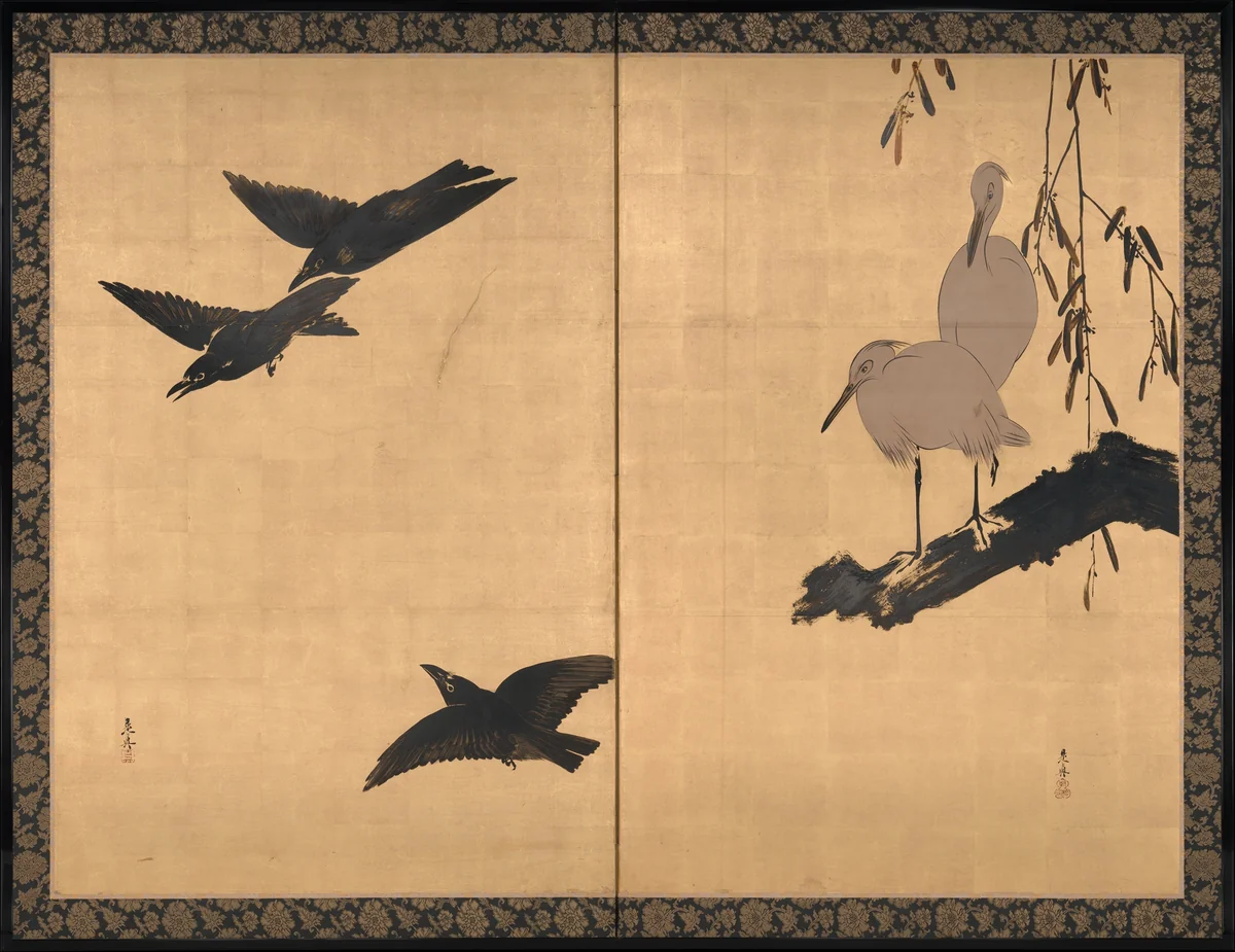 Egrets and Crows by Shibata Zeshin (柴田是真), painting, 1867-1899
