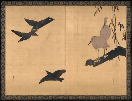 Egrets and Crows by Shibata Zeshin (柴田是真), painting, 1867-1899
