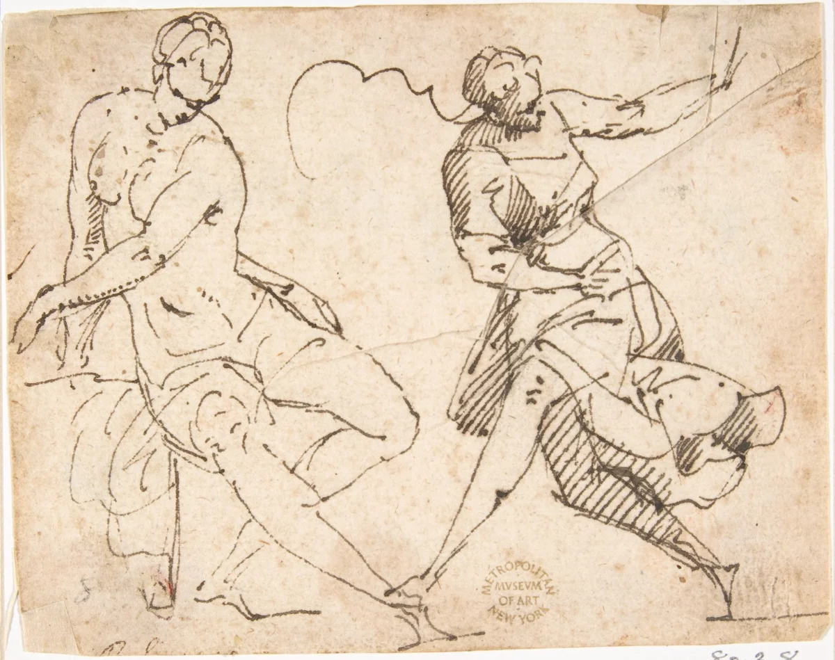 Seated Female Nude and Dancing Female Figure by Francesco Allegrini, drawing, 1624-1663