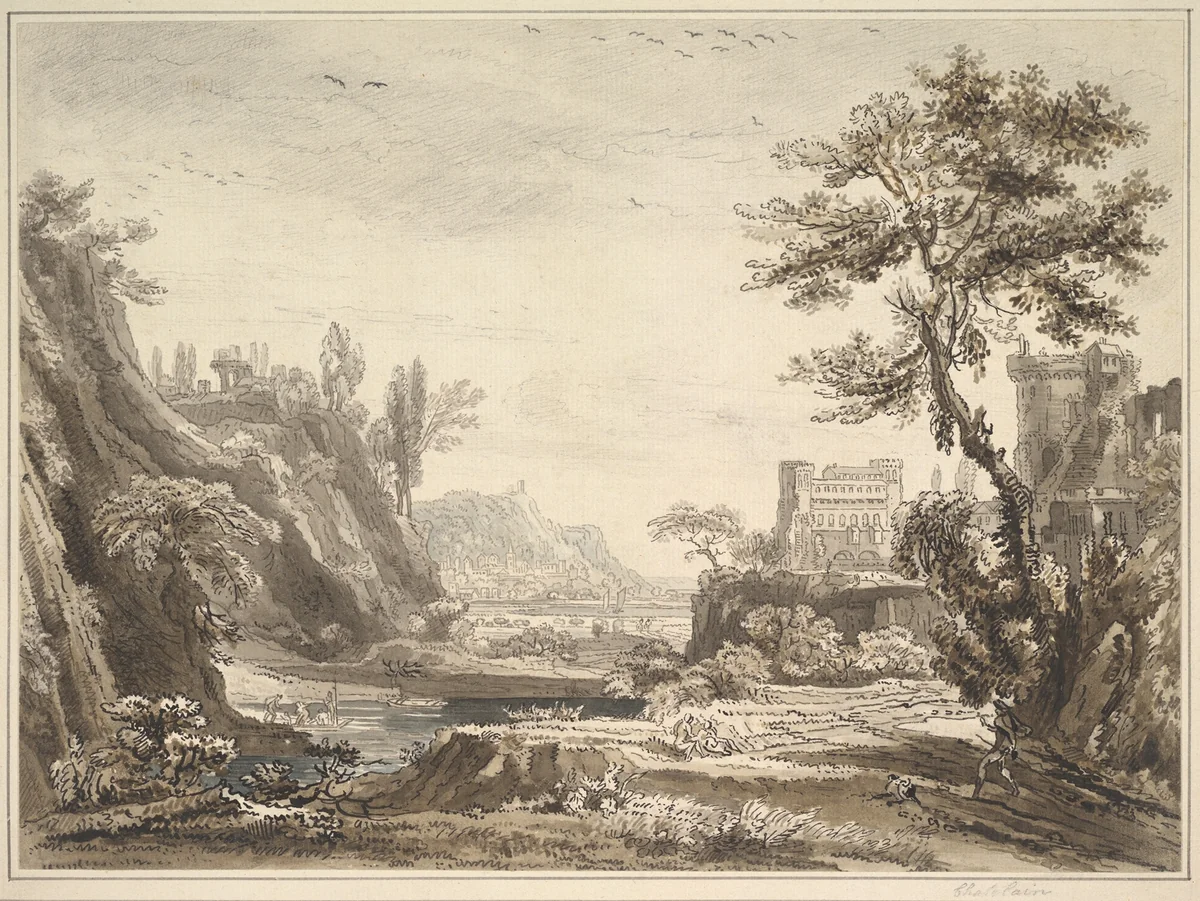 A classical landscape by Jean Baptiste Claude Chatelain, drawing, 1730-1758