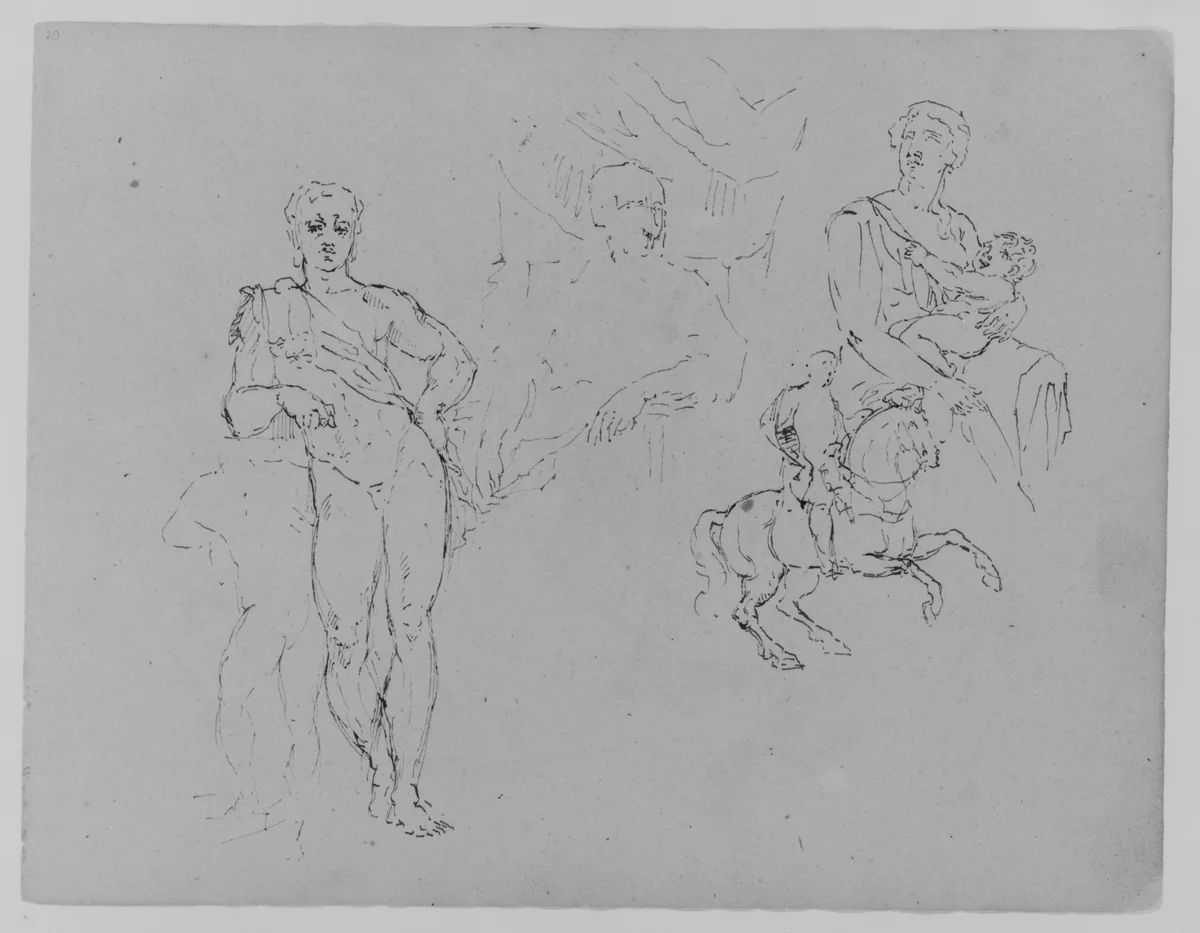 Unfinished Standing Classical Male Nude; Cardinal Bentivoglio after Van Dyke; Mother and Child; Equestrian Figure (from Sketchbook) by Thomas Sully, artwork, 1810-1820