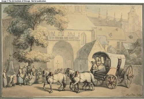 Postcart Monks and Women Near Church Door by Thomas Rowlandson, painting, 1791