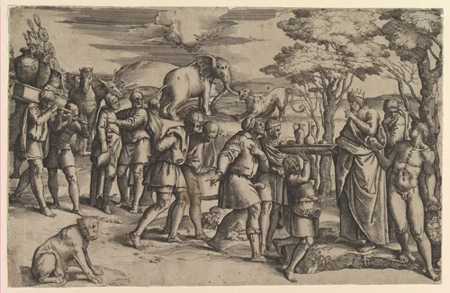 Melchizadek offering bread and wine to Abraham by Battista Franco, print, 1540-1566