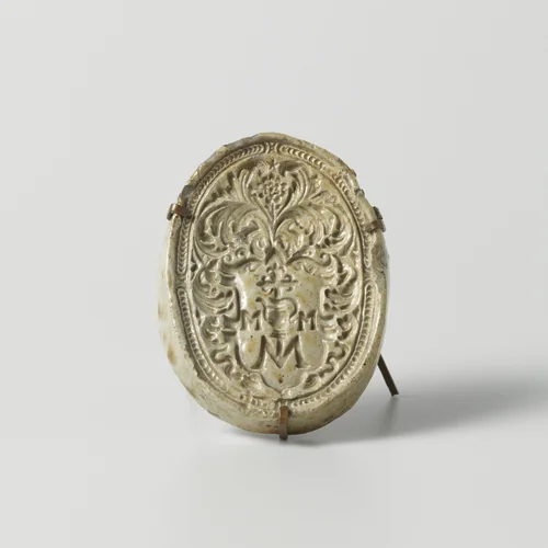 Holstempel om versieringen op steengoed aan te brengen, met een wapenschild en een huismerk by anonymous, other, 1580-1600