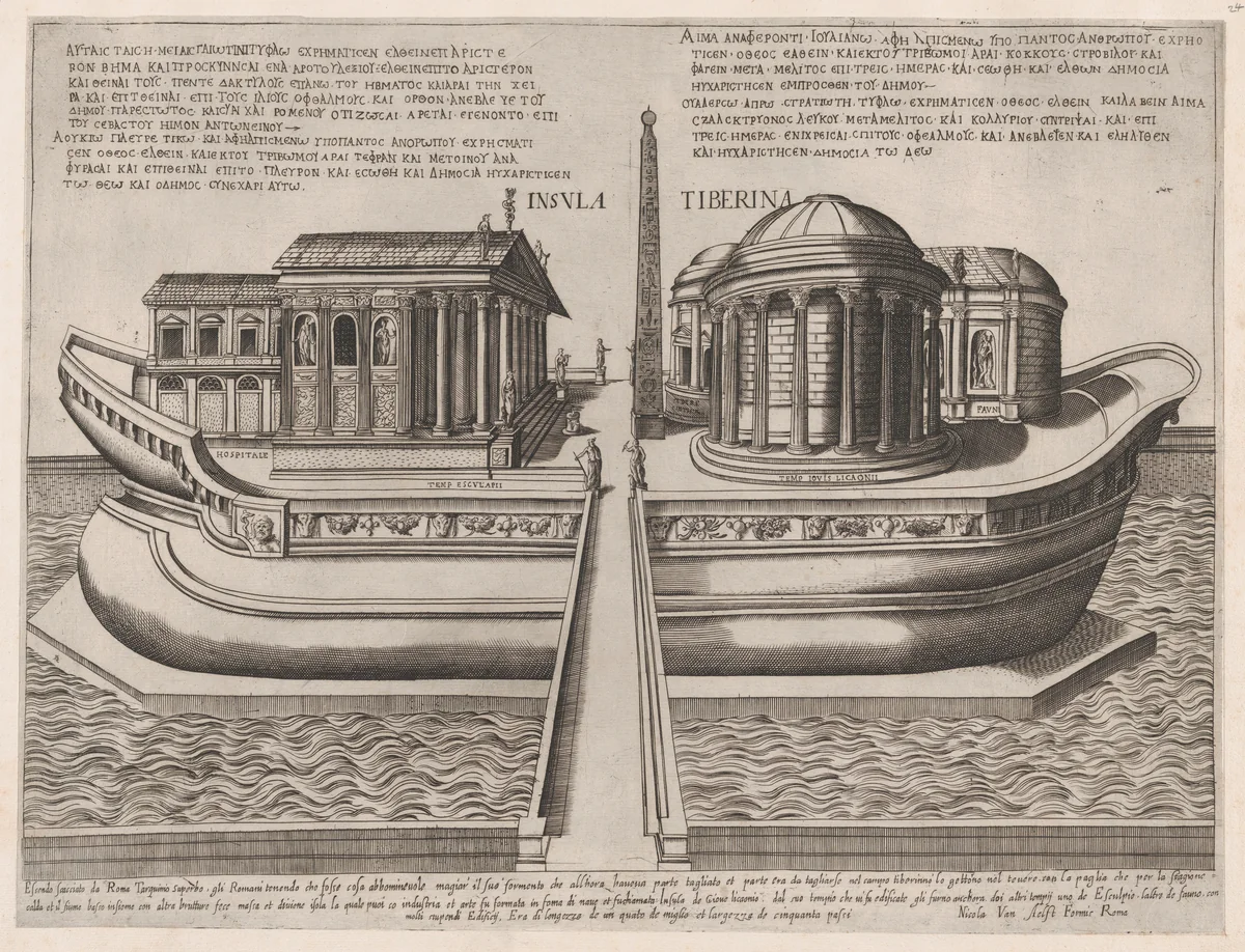 Temples on the Isle of Tiber, from "Speculum Romanae Magnificentiae" by anonymous, print, 1530-1613