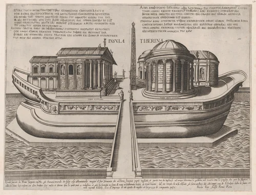 Temples on the Isle of Tiber, from "Speculum Romanae Magnificentiae" by anonymous, print, 1530-1613