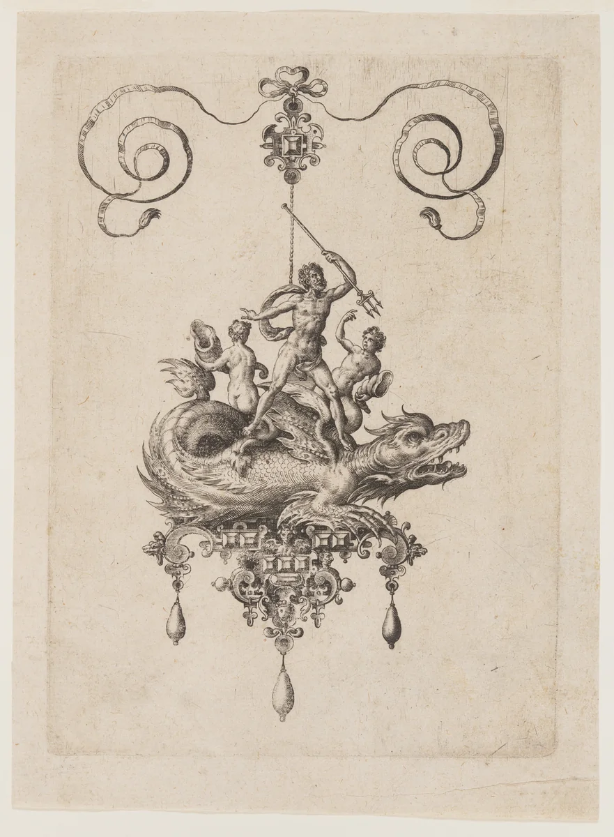 Designs for Pendants with Sea Monsters by Adriaen Collaert, print, 1582
