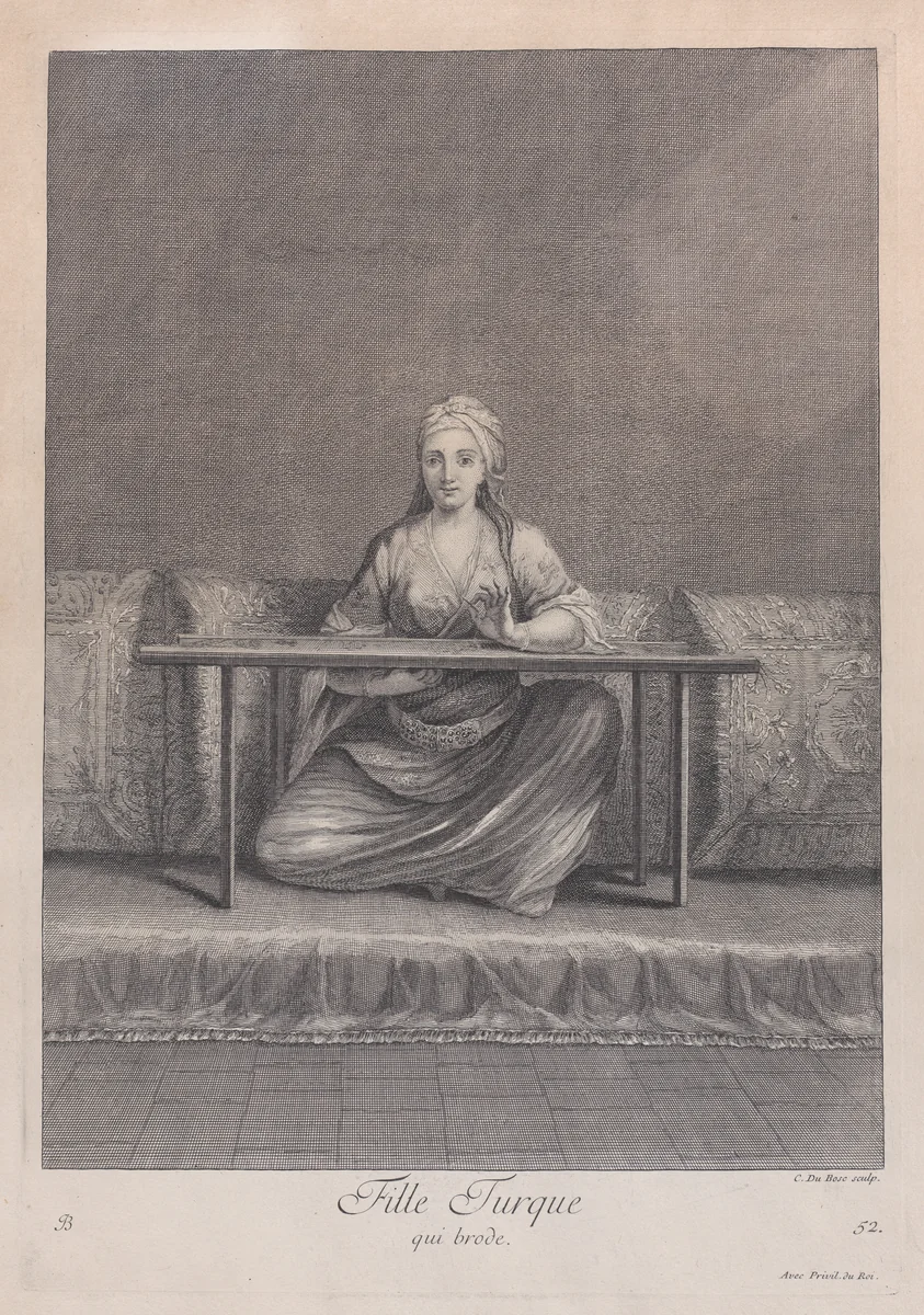 Fille Turque, qui brode, plate 52 from "Recueil de cent estampes représentent differentes nations du Levant" by Jean Baptiste Vanmour, print, 1714-1715