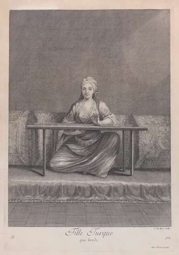 Fille Turque, qui brode, plate 52 from "Recueil de cent estampes représentent differentes nations du Levant" by Jean Baptiste Vanmour, print, 1714-1715