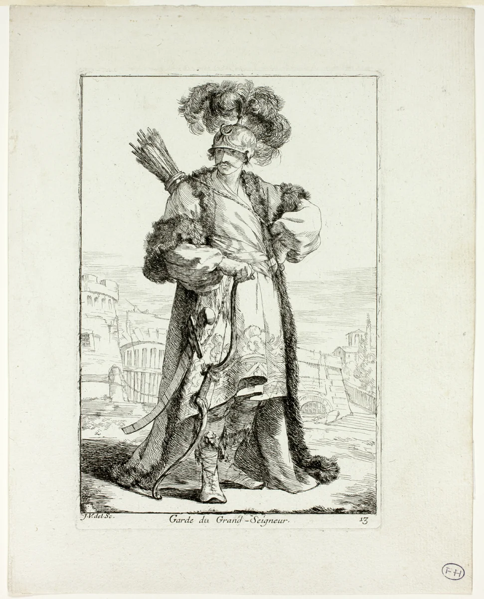 Garde du Grand Seigneur, plate thirteen from Caravanne du Sultan à la Mecque by Joseph-Marie Vien, print, 1748