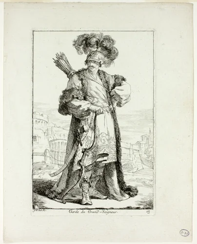 Garde du Grand Seigneur, plate thirteen from Caravanne du Sultan à la Mecque by Joseph-Marie Vien, print, 1748