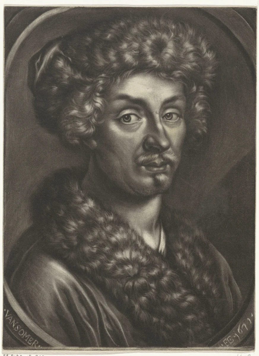 Portret van een man met een bontmuts by Jan van Somer, print, 1671