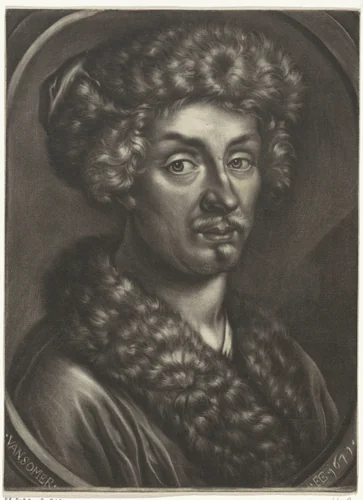 Portret van een man met een bontmuts by Jan van Somer, print, 1671