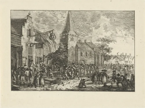 Figuren bij een herberg by Dirk Langendijk, print, 1758-1805