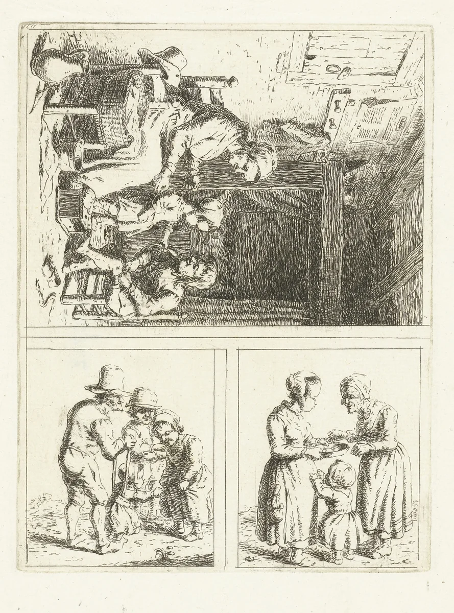 Drie voorstellingen van het gezinsleven by Christina Chalon, print, 1758-1808
