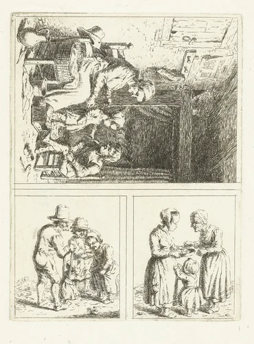 Drie voorstellingen van het gezinsleven by Christina Chalon, print, 1758-1808