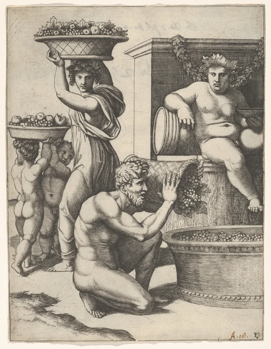 The Vintage; a man pouring grapes from a basket into a vat, above Bacchus sitting, other figures at left by Marcantonio Raimondi, print, 1512-1525