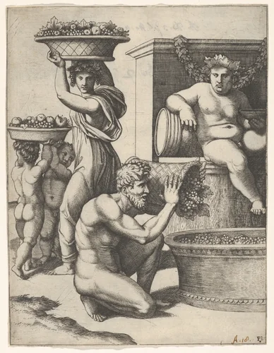 The Vintage; a man pouring grapes from a basket into a vat, above Bacchus sitting, other figures at left by Marcantonio Raimondi, print, 1512-1525