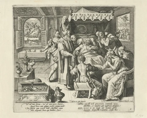 De dood van de rijke man by Unknown, print, 1589-1611