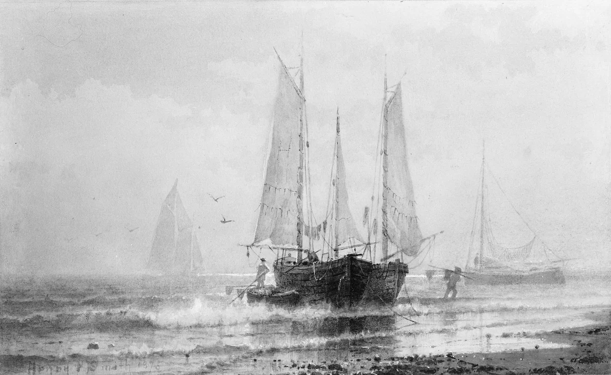 Seascape—Fishing Boats by the Shore by Henry Pember Smith, artwork, 1875