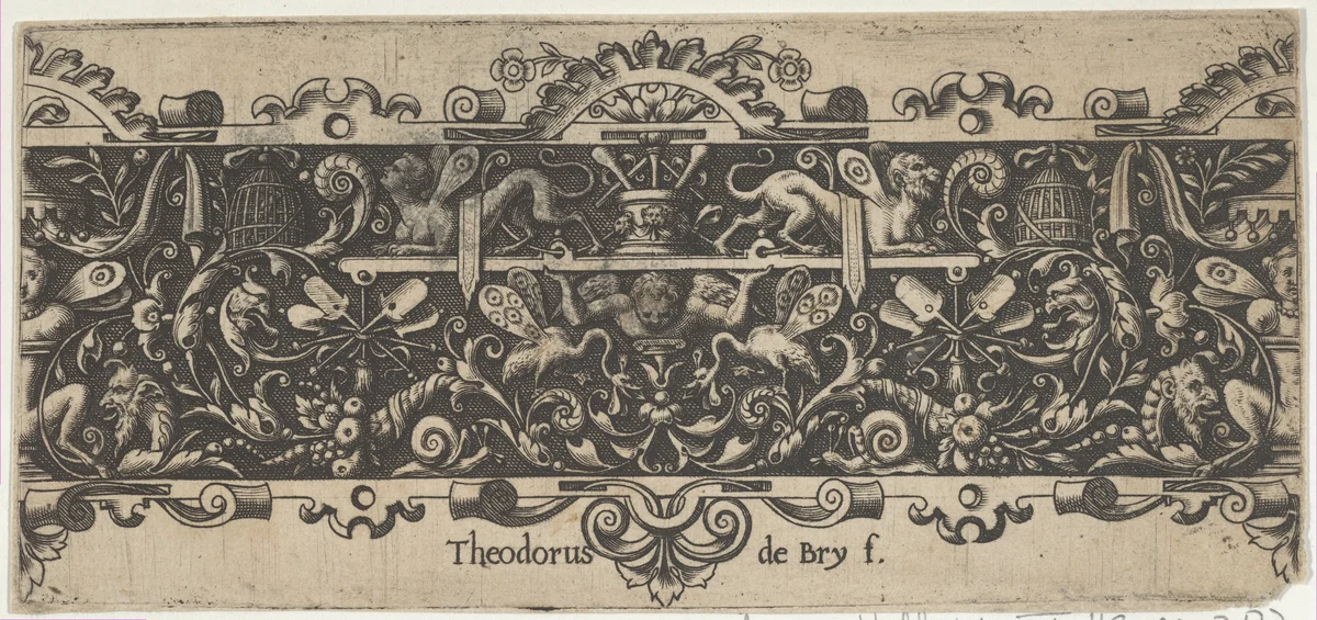 Frieze with a Putto Holding a Platform by Theodor de Bry, print, 1580-1600