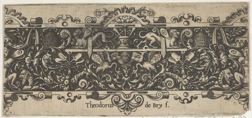Frieze with a Putto Holding a Platform by Theodor de Bry, print, 1580-1600