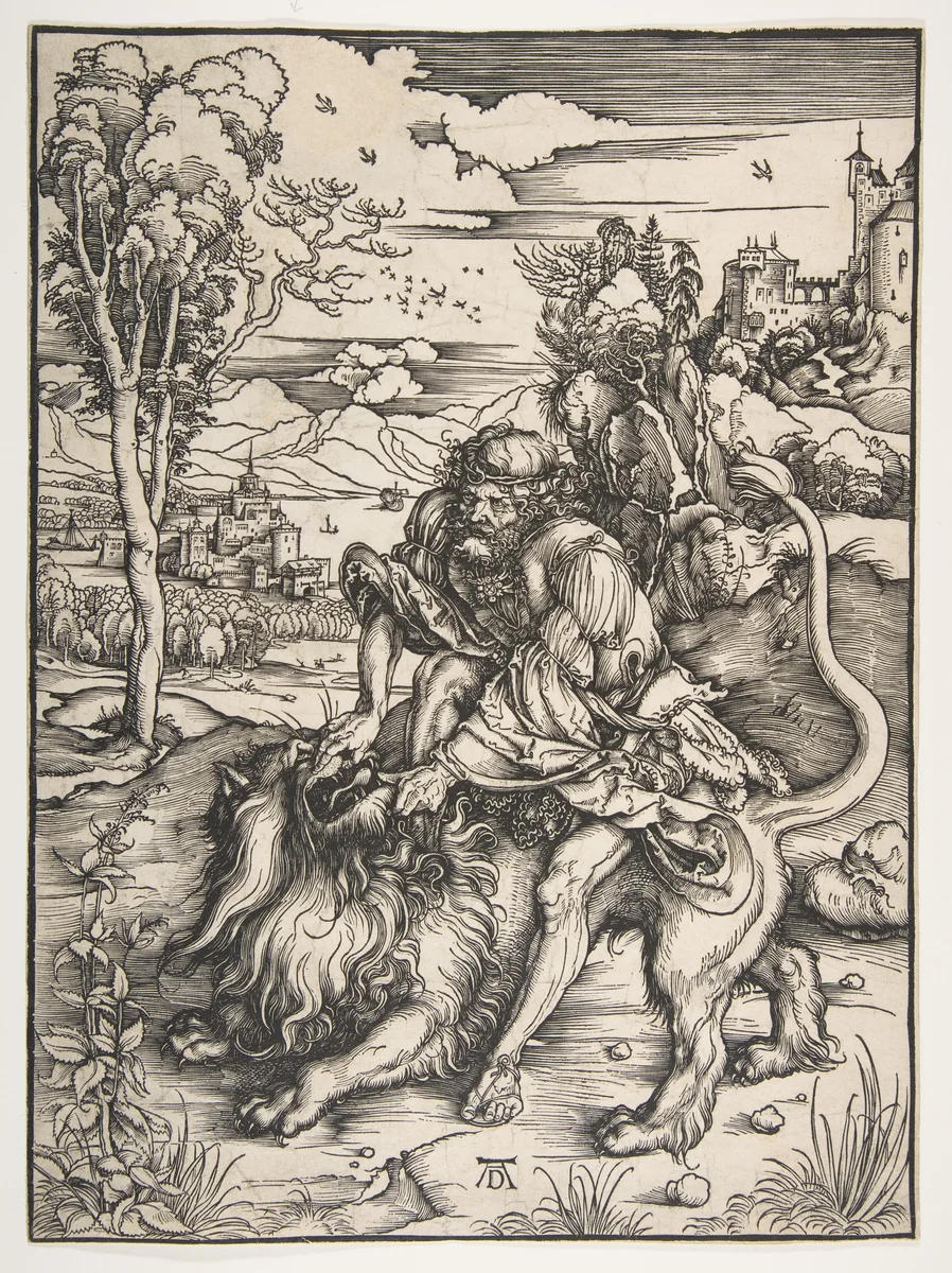 Samson Rending the Lion by Albrecht Dürer, print, 1497-1498