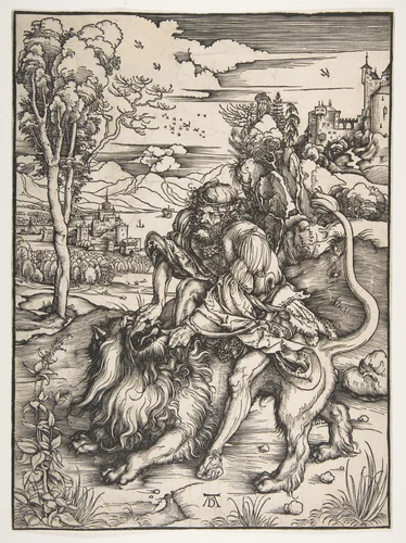 Samson Rending the Lion by Albrecht Dürer, print, 1497-1498