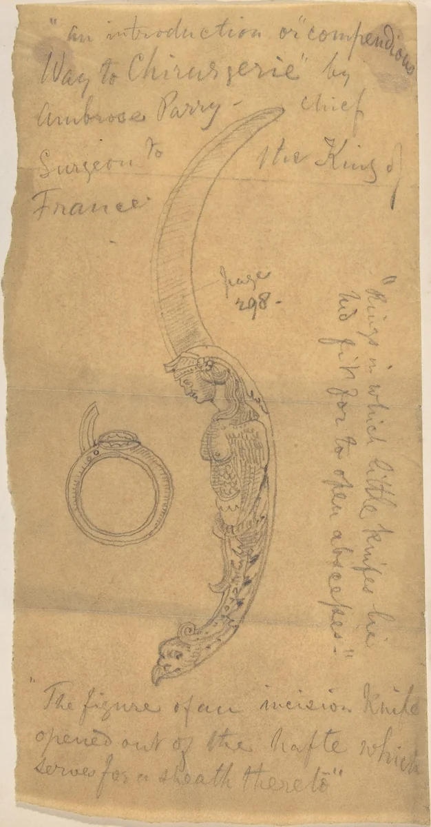 Knife with Ornamental Handle, from the Way to Chirurgerie by anonymous, drawing, 1850-1900