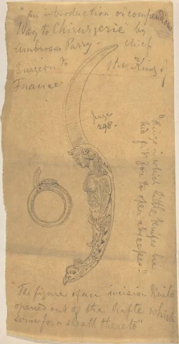 Knife with Ornamental Handle, from the Way to Chirurgerie by anonymous, drawing, 1850-1900