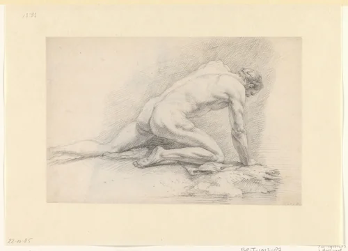 Kruipend mannelijk naakt by Jan Hoogsaat, drawing, 1664-1730