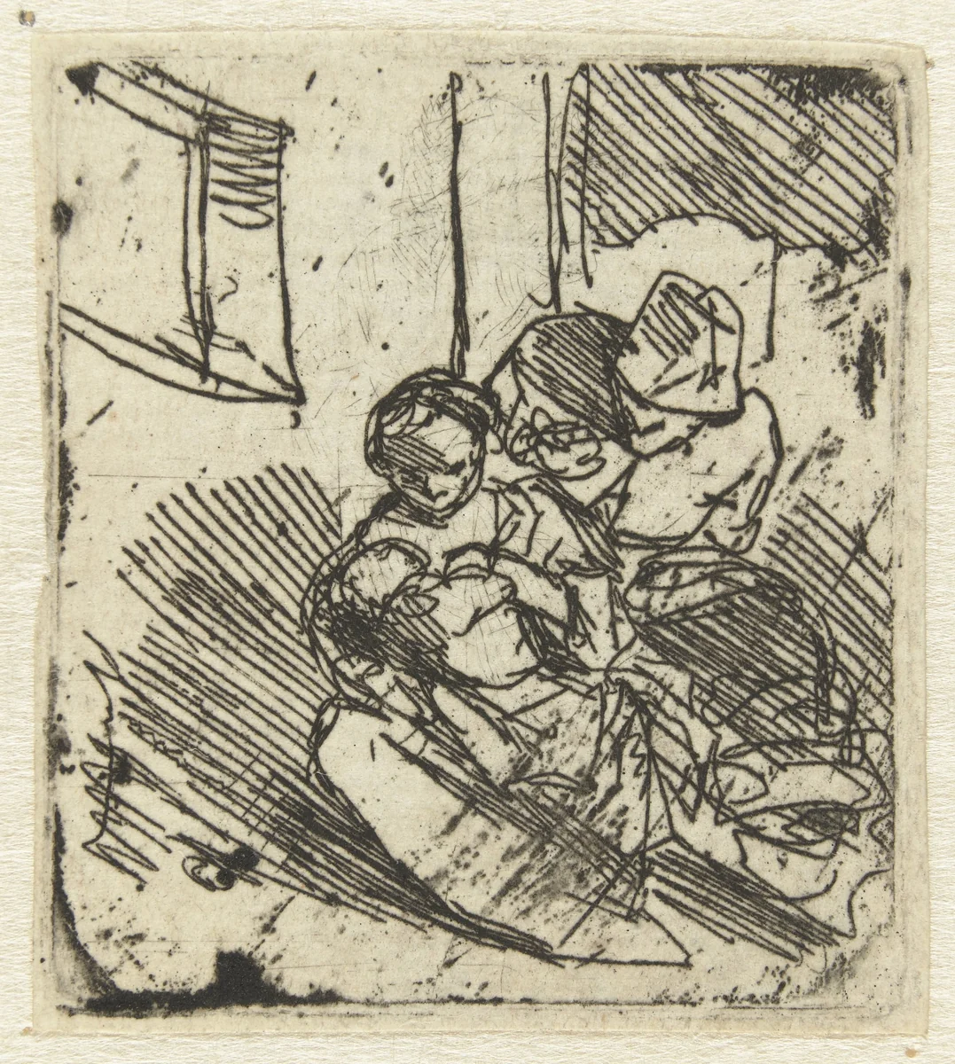Vrouw geeft kind de borst, man staat achter haar by Cornelis Pietersz. Bega, print, 1642-1664