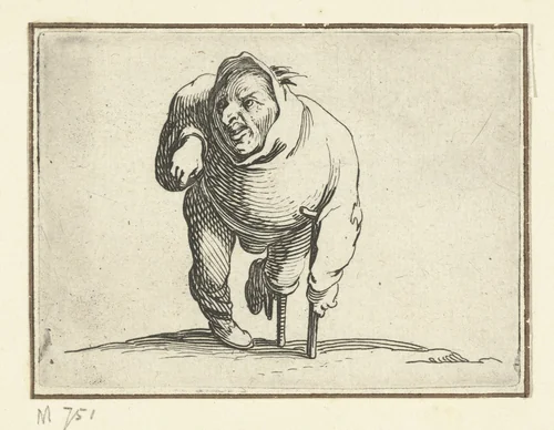 Kleine mens (karikatuur) met kruk en beensteun by Jacques Callot, print, 1621-1625