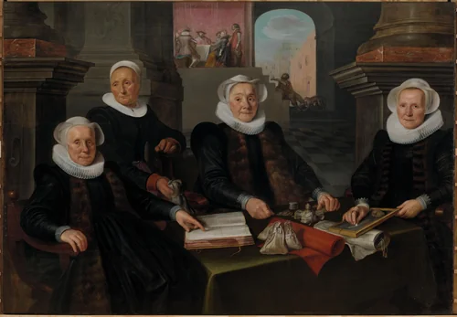 Drie regentessen en de binnenmoeder van het leprozenhuis te Amsterdam by Werner van den Valckert, painting, 1624