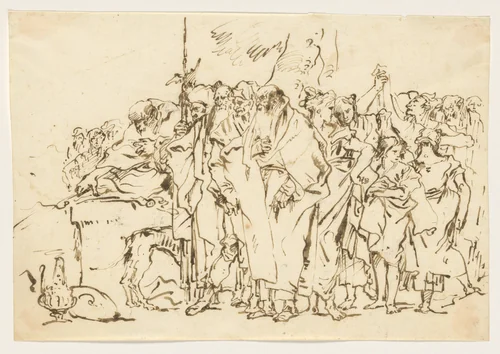 A Crowd of Persons in Antique Roman or Oriental Dress, Gathering at a Pagan Altar by Giovanni Domenico Tiepolo, drawing, 1740-1746