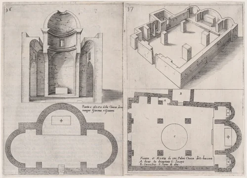 Plates 29 and 30, from "Trattato delle Piante & Immagini de Sacri Edifizi di Terra Santa" (Treatise of the Plans & Images of the Sacred Buildings of the Holy Land) by Jacques Callot, print, 1620