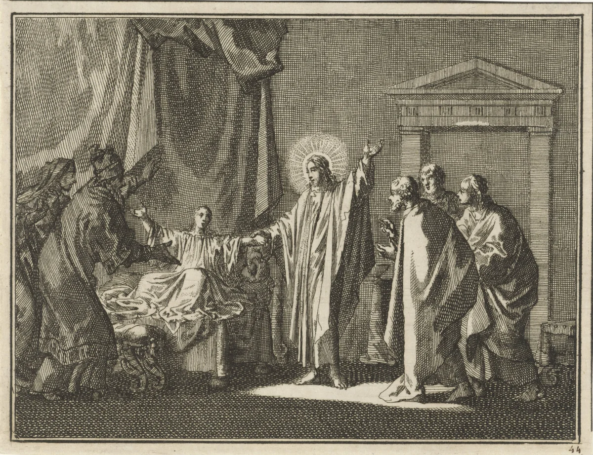 Christus wekt de dochter van Jaïrus op by Jan Luyken, print, 1712