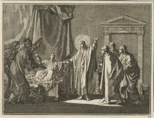 Christus wekt de dochter van Jaïrus op by Jan Luyken, print, 1712